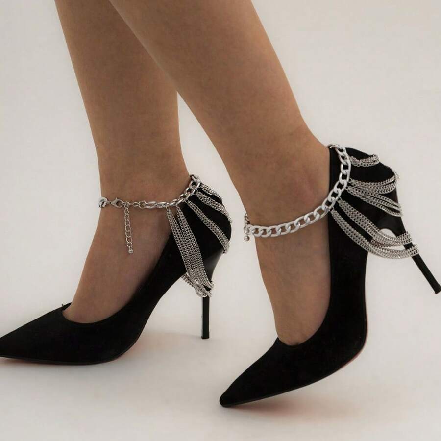 Fashionable And Elegant Tassel Ladies Multi-Layer Anklets, Women's Boot Chains, Shoe Chains, Heel Chain Accessories - 銀色 - 查看 1