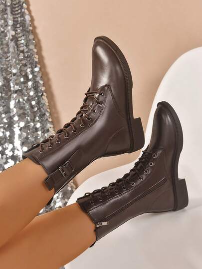 Fall/Winter Women's Metal Buckle Decor Fashion Motorcycle Boots, Black Lace-Up Side Zipper Comfortable Non-Slip Flat Mid-Calf Boots, Suitable For Daily Wear And Holiday Celebrations,Boots For Women