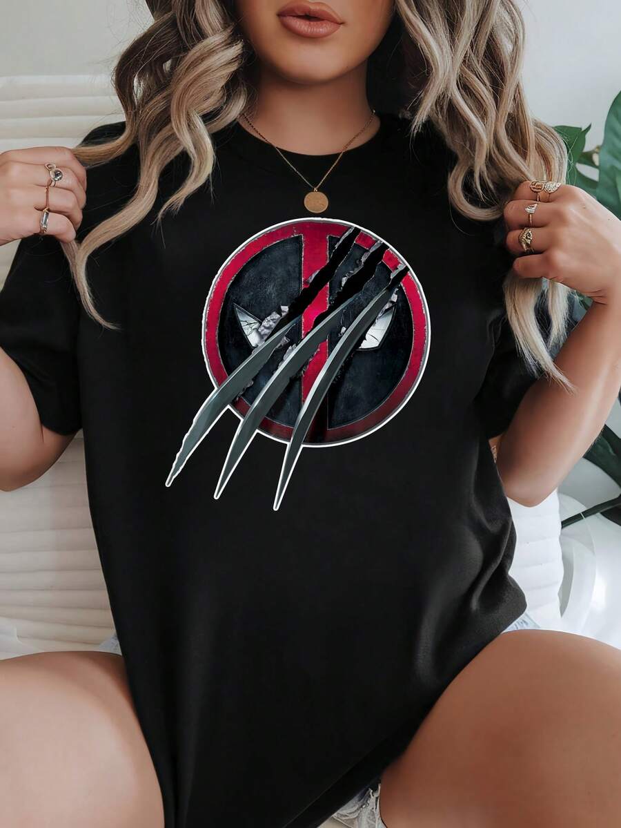 Women's T-Shirt Casual Loose Fit Black White Options Deadpool Graphic Print Comfortable Daily Wear Shirts Summer Tops Graphic Tees Summer Outfits For Women Graphic Tees Women Crop Tops Tops For Women  Vintage Cotton Cute  Clothes Women - Black - View 1