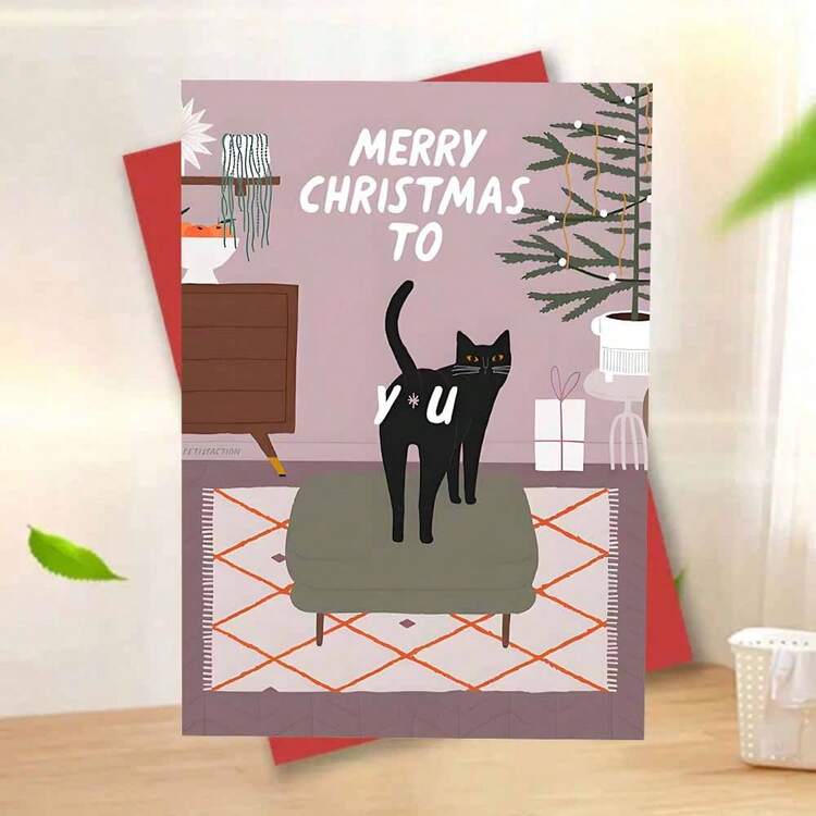 1PC Whimsical Cat - Themed Christmas Greeting Card A Cartoonish And Fun Christmas Card, Perfect As A Small Gift For Christmas Or Spreading Holiday Humor, Ideal For Cat Lovers, Friends, And Family. - Multicolor - View 6