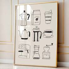 1 pieza Póster de lienzo sin marco para amantes del café - Arte de pared de máquina de espresso retro, decoración minimalista para cocina y sala de estar, estética moderna de apartamento, arte de línea en blanco y negro de accesorios icónicos de café, perfecto para cafetería o decoración del hogar, acento para dormitorio | Póster de café minimalista | Lienzo sin marco, accesorios para barra de café