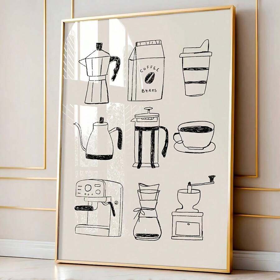 1 pieza Póster de lienzo sin marco para amantes del café - Arte de pared de máquina de espresso retro, decoración minimalista para cocina y sala de estar, estética moderna de apartamento, arte de línea en blanco y negro de accesorios icónicos de café, perfecto para cafetería o decoración del hogar, acento para dormitorio | Póster de café minimalista | Lienzo sin marco, accesorios para barra de café