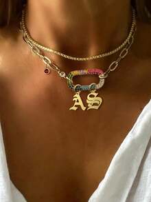 1 pieza Collar con letras A-Z 26 de STYLEVER en color dorado, cadena con colgante ovalado de diamante de colores y cuentas doradas, cadena de acero inoxidable, estilo único y elegante - Dorado - Ver 2