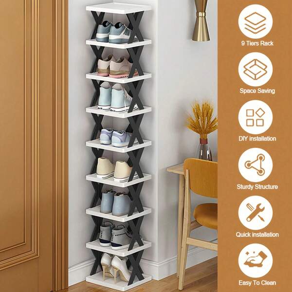 A Foldable 9-Layer Narrow Entrance Shoe Rack Plastic Vertical Shoe Storage Box Saves Space, An Independent Shoe Storage Rack For Closet And Corridor - A Small Space Shoe Rack - Stackable Design, Easy To Assemble, Suitable For Living Room - Saves Space
