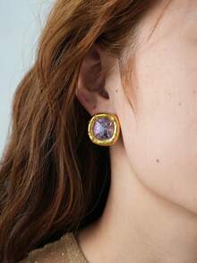 Frminee 1 Cặp bông tai đính đá Zirconia bằng thép không gỉ mạ vàng 18K cổ điển, Phụ kiện trang sức nữ, Trang sức phương Tây, Bông tai đính đá Zirconia khối trang trí, Hoàn hảo cho phụ nữ đeo như một phụ kiện hàng ngày hoặc quà tặng đám cưới - Màu tím - Xem 6