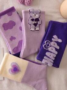 5 pares de calcetines de media caña de colores aleatorios para mujer, calcetines largos tipo tubo con estampado lindo de osos y letras, adecuados para uso diario en primavera y otoño - Multicolor - Ver 6