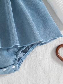 Bộ đồ liền thân tay lửng thêu hoa dễ thương cho bé gái mùa thu/đông màu xanh dương kèm tất họa tiết hoa và băng đô màu xanh - Màu xanh lam - Xem 5