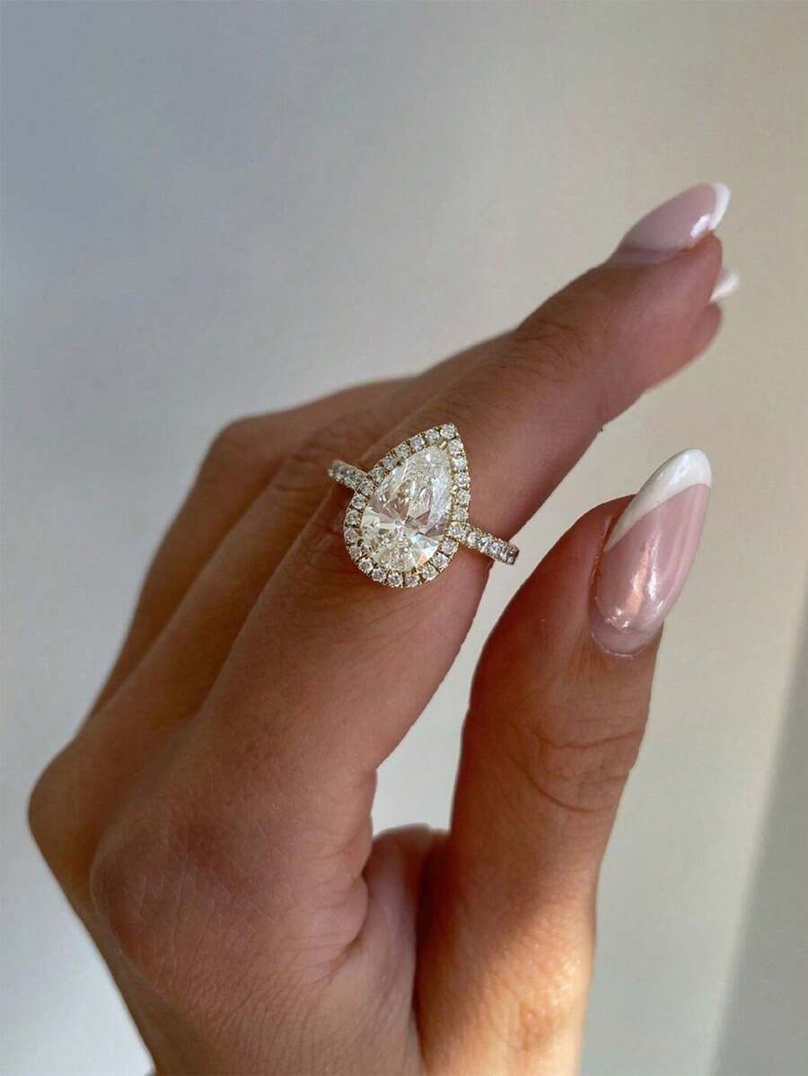 1 Pair S925 Sterling Silver Exquisite Waterdrop Zirconia Ring For Women Fine Ladies Jewelry Gift Party Gift Birthday Gift Daily Wear - Gold - View 1