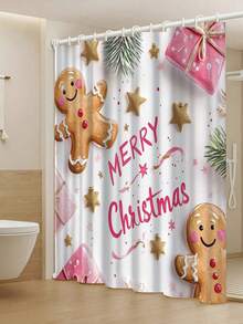 1 Piece/4 Pieces Christmas Scene Winter Decor, Pink Gingerbread Man, Snowflake, Christmas Shower Curtain, Modern Personalized Bathroom Christmas Decor, Waterproof Fabric Shower Curtain Set With 12 Hooks, Non-Slip Bathroom Rug, U-Shaped Toilet Mat, Toilet Lid Cover, Christmas Home Decor. Bathroom Decor