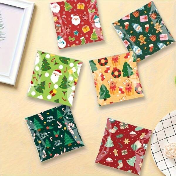 100 pezzi Sacchetti regalo di Natale con disegni di Babbo Natale, albero, pupazzo di neve, pan di zenzero per uomo - Sacchetti per feste e omaggi con chiusura automatica, motivi misti e abbinabili per decorazioni natalizie, bastoncini di zucchero filato, ornamenti - Materiale PP durevole, sacchetti natalizi, confezioni festive per dolciumi, varietà di design stagionali, sacchetti con chiusura automatica, decorazioni natalizie, motivi pupazzo di neve, costruzione robusta, decorazioni natalizie