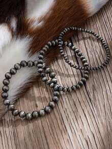 3pcs Faux Pearl Black Pearl Bracelet Set For Women, Fashionable And Simple Western Cowboy-Style Faux Pearl Beaded Elastic Layered Bracelet Set, Fashion Jewelry, Birthday Gift, Christmas Gift, Friendship Gift, Western Cowboy Jewelry