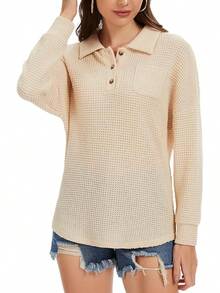 Womens Tops Waffle Knit V-Neck Long Sleeve T-Shirts Button Down With Pockets Tunic Fashion ClothingChristmas - 杏色 - 查看 9