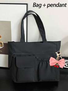 女士时尚纯色尼龙多功能手提包，简约多口袋大容量腋下包，多功能手提包，休闲旅行假日购物手提/单肩包，商务通勤日常外出笔记本电脑包，适合学习、工作、通勤和日常使用，返校包 - 黑色 - 查看 11