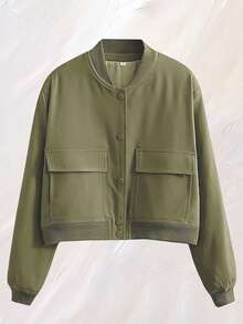 Women's 2025 Autumn/Winter Workwear Jacket With Button Closure, Ribbed Waist, Baseball Jacket, Motorcycle Jacket (With Pockets) - 軍綠色 - 查看 1