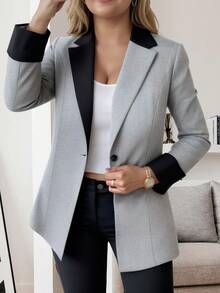 HOMEYEE Vintage Elegant Casual Blazer Jacket With Contrast Color Splicing, Suitable For Business, Vacation, Plus Size - Xám - Xem 3