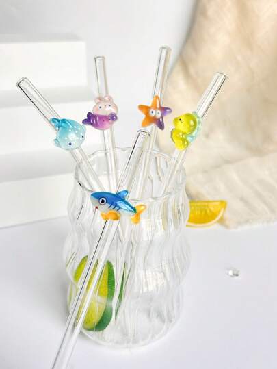 1Pc/2Pcs/1Set Cartoon Sea Animal Glass Straws With Colorful Shark, Starfish, Seahorse, Mermaid Charms,Clear Reusable Drinking Straw,For Cold Drinks,Milk Tea,Coffee,Juice,Smoothies,Kitchens,Restaurants,Cocktail Parties,Returning To School,Gifts For Girlfriends/Boyfriends,Parents,Friends,Holiday Supplies,Halloween,Thanksgiving And Christmas