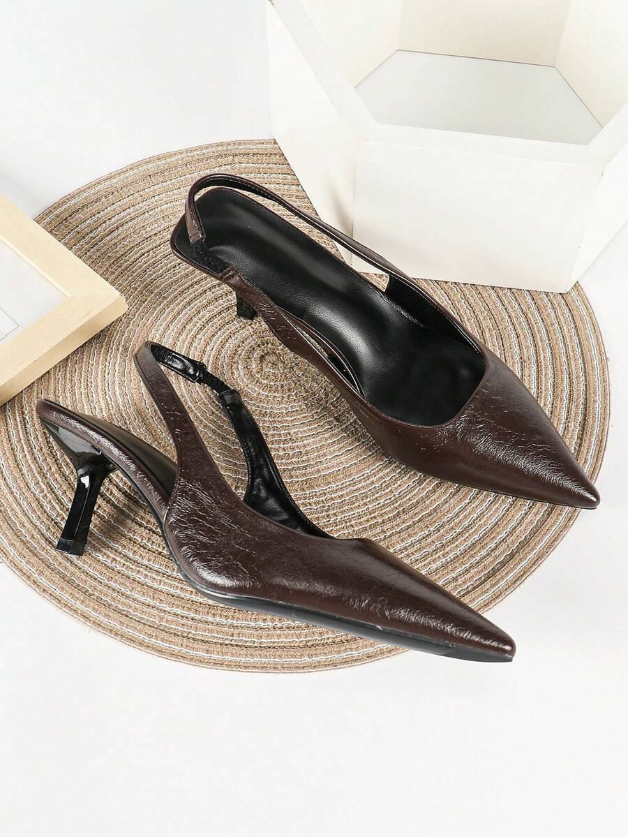 秋冬女士棕色高跟凉鞋、玛丽珍鞋、猫跟正装鞋、尖头穆勒高跟鞋，优雅派对风 - 棕色 - 查看 1