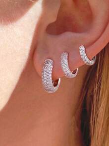 一对精美S925纯银立方氧化锆大、中、小半圆形全钻耳环，优雅珠宝，女士礼品 - 半圈滿鑽 - 查看 7