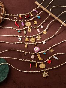 1 件不锈钢材质休闲海滩度假风格海洋生物太阳龟星花吊坠珍珠吊坠编织织物链女士项链，高品质，镀 18K 金，防水防汗，适合日常使用，是送给妻子、母亲和女朋友的最佳礼物