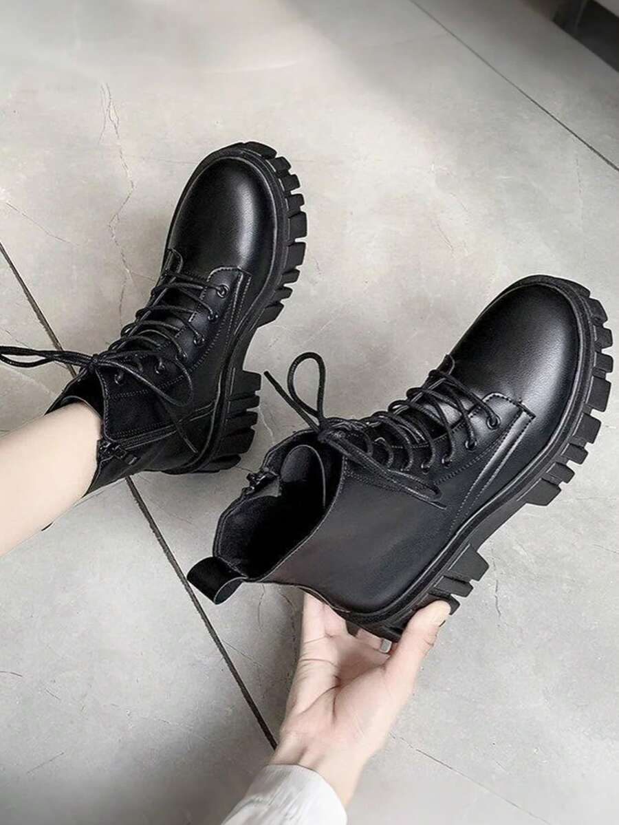 Botas cortas de estilo británico para mujer, Botas de Agujetas para Mujer, Botas Militares de Combate con Cordones para Mujer, Botas de Combate Minimalistas: Con Cremallera Lateral, Hebilla y Cordones Frontales – Ideales para Combinar con Ropa de Otoño