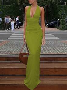 女士纯色系带露背吊带修身褶皱长裙，性感优雅派对晚礼服，适合舞会、情人节、婚礼等场合，春季穿着。 - 淺綠色 - 查看 7