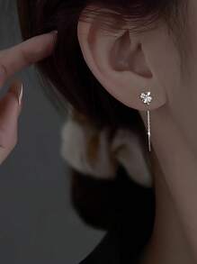S925 纯银穿线花流苏耳环耳钉，幸运花三叶草设计简约经典风格耳环珠宝适合女性日常佩戴 - 銀色 - 查看 3