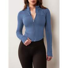 Women's Zip Up Workout Jacket Lightweight Slim Fit Athletic Jacket Cropped Running Gym Tops With Thumb Holes