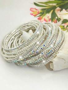 12pcs Set Fashionable White Crystal Elastic Bracelets For Women, Suitable For Parties - Elastic Bracelet - View 36