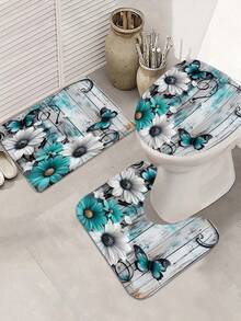 1/3/4 Pcs, Fashionable Minimalist Blue-Green & White Floral Butterfly Bathroom Set - Shower Curtain And Rug Series, Elegant And Practical Home Decor Gift. Bathroom Decor - Multicolor - View 12
