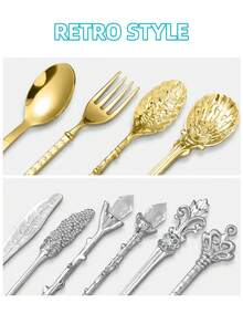 6pcs Coffee Spoon, Dessert Spoon, Gold Tea Spoon Set, Vintage Coffee Spoon Fruit Fork, Compact & Elegant Coffee Utensils, Dishwasher , Suitable For Coffee, Tea, Cake, Dessert, Ice Cream, Yogurt, Fruit, Great For Home, Kitchen, Restaurant, Cafe, Party, Christmas, Halloween, Easter, Dinnerware Set, Gift Set