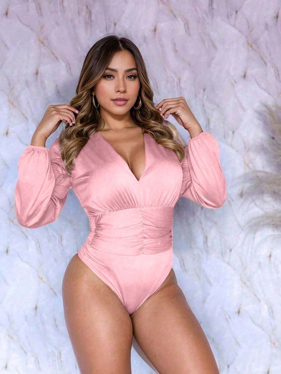 Long Sleeve Bodysuit With Abdomen Detail - Baby Pink - View 1