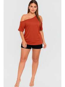 Women's Basic Blouse With One-Sleeve, Loose, Open Shoulder - Terracotta - View 1