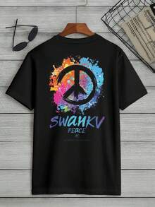 Tie-Dye T-Shirt With Peace Symbol, Men's Double-Sided Print T-Shirt, Modern, Casual, Round Neck, 220 G/M2, Pure Cotton (1 Piece) - 黑色 - 查看 3
