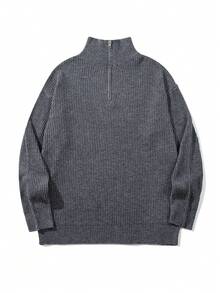 秋冬新款针织休闲宽松套头毛衣，简约风格，串珠纹理，通勤商务休闲领拉链长袖超大码男女通用针织衫