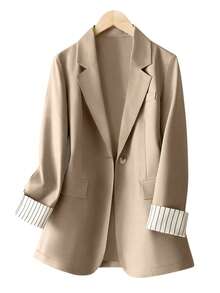 Women's Cuff Striped Patchwork One Button Regular Blazer - Camel - View 3