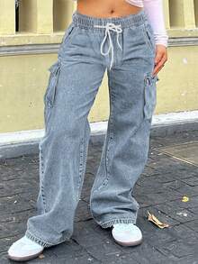 Women's Loose Casual Drawstring Waist Cargo Denim Pants - Rửa nhẹ - Xem 8