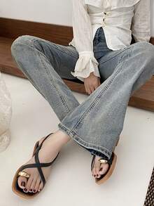 Women's Flat Sandals, Metallic Elegant Party Vacation Casual Beach Cute Fairy Wedding Outdoor Sexy Chinese Style Lovely Comfortable PVC Plastic Buckle Criss-Cross Flat Sandals, Suitable For Beach, Holiday, Wedding, School, Office, Home, Outdoor, Summer - Black - View 3