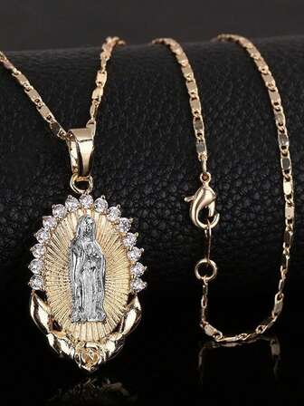 1pc Minimalist Unisex Oval Rhinestone Virgin Mary Pendant Necklace, Suitable As Gift For Feast Of Our Lady Of Victory In Spain