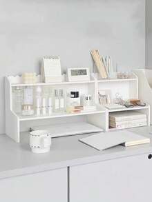 1pc Double Layer Raised Desk Storage Rack, Countertop Cosmetic Stationery Book Organizer For Dorm Office Suitable For Home Storage, Office Desk Home Storage, Halloween And Christmas Gift Desktop Storage - White - View 2