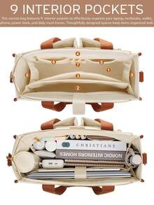 Canvas Tote Bag For Women, 15-Pocket Large Crossbody Handbag Bible Laptop Bag Zipper Bookbag For Teacher Work Travel College - 粉色 - 查看 3