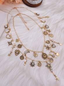 1 件复古小众高端设计合金脸、太阳、月亮、星星流苏项链，适合女士 - 雙層星月項鍊 - 查看 5