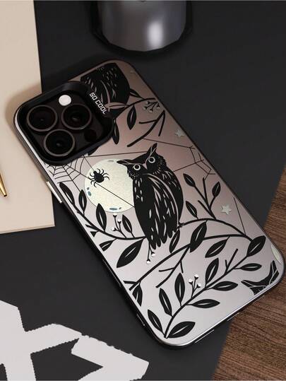 1pc Moon & Owl Painted Pattern Phone Case, Illustration, Funny Design, Gift For Friends, Protective Cover Anti-Drop, Compatible With IPhone, Galaxy