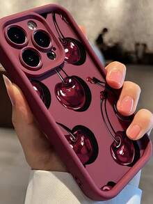 1pc Cherry Pattern 2D Printed Precise Hole Camera Protection Anti-Slip Anti-Drop Burgundy Phone Case, Matte Finish Shell Compatible With IPhone 7/8/7Plus/8Plus/11/11Pro/11ProMax/X/XR/X MAX/XS/12/12Pro/12ProMax/13/13Pro/13ProMax/14/14Pro/14ProMax/14Plus/15/15Pro/15Plus/15ProMax/16/16E/16Plus/16ProMax/16Pro, Minimalist Phone Protective Cover For Latest 17/17Pro/17ProMax/Air - Burgundy - View 4