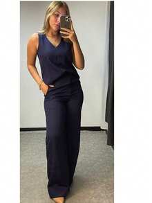 Women's Tailored Set, Sleeveless Blouse With Straight Pants, Great For Everyday Work, Casual, Premium Topstitched Finish - 藏蓝色 - 查看 2