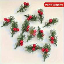 24pcs Artificial Christmas Pine Branches With Cranberries And Plastic Holiday Flowers, Suitable For DIY Crafts, Gift Box Decorations, And Party Supplies Home Decor Christmas Decorations Room Decor