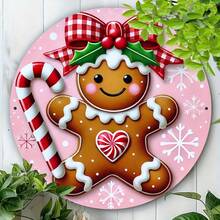 1pc Round Metal Sign Displaying A Pink And Red Gingerbread Christmas Wreath, Suitable For Home, Bar Or Cafe Decor Home Decor Christmas Decorations Room Decor
