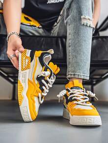 New Men Skate Shoes Patchwork Casual Lace-Up Low-Top Versatile Comfortable Outdoor Sports Sneakers, Suitable For All Seasons - Màu vàng - Xem 6