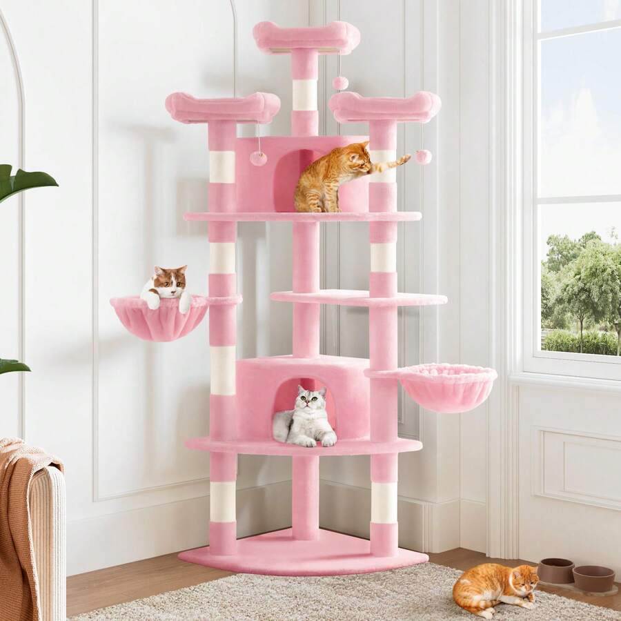 Allewie 73in Fan-Shaped Space-Saving Corner Cat Tower/Multi-Level Tall Cat Tree For Indoor Kitties/Cozy Baskets/Condos/House/Perches/Sisal Scratching Posts/Pet Activity Center/Beige/Dark Grey/Grey/Leopard Print/Pink/White & Black Spot - Hồng - Xem 1