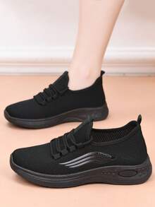 Giày thường ngày thoáng khí cho nữ, giày làm việc đế mềm chống trượt màu đen thoải mái, giày thể thao mũi tròn vải trơn màu, phù hợp cho mọi mùa - màu đen - Xem 7