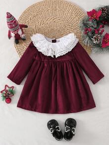 BOARNSEORL Baby Girls Velvet Dress With Contrast Color Ruffle Collar, Long Sleeve Dress, Fashionable & Elegant, Suitable For Autumn/Winter Everyday, Outing, Party, Birthday, Christmas - Burgundy - View 1